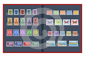 Isometric Philately and Marks Collection Concept. Old vintage collectible postage stamps albums and magnifying glass photo