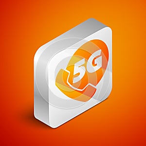 Isometric Phone with 5G new wireless internet wifi icon isolated on orange background. Global network high speed