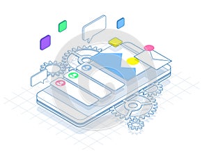 Isometric phone with gears, cogs and repair concept of line. Mobile services banner vector illustration.