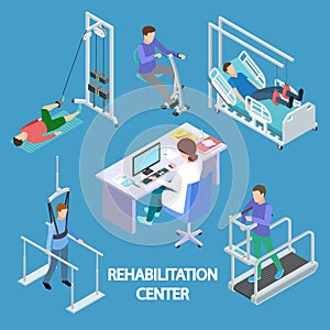 Isometric Physiotherapist and rehabilitation patients vector illustration