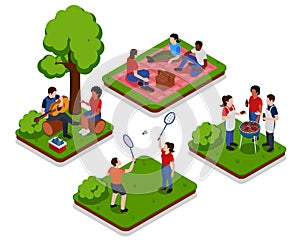 Isometric picnic barbeque composition set