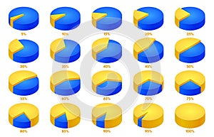 Isometric pie chart animation. Round 3D percent graph, proportion infographic and percentage share vector illustration