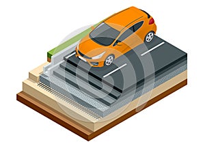 Isometric piece of asphalt road with car isolated on the white background, Building maquette, Building materials, Road