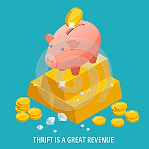 Isometric Piggy bank, gold bullion, diamond and coins icon. Thrift is a great revenue concept