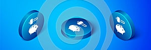Isometric Piggy bank and hammer icon isolated on blue background. Icon saving or accumulation of money, investment. Blue