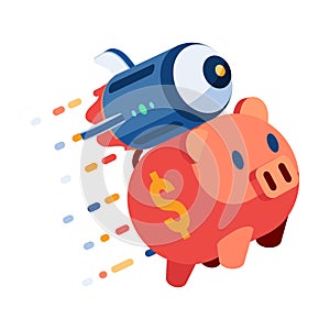 Isometric Piggy Bank with Rocket Flying Up