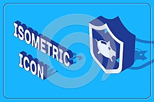 Isometric Piggy bank with shield icon isolated on blue background. Saving or accumulation of money, investment