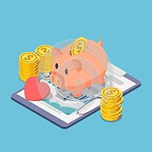 Isometric piggy bank and stethoscope with piles of coins