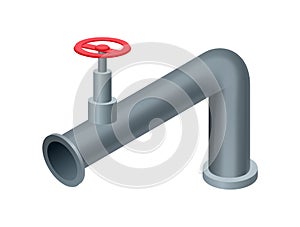 Isometric pipe. Water tube or pipeline with red valve. Oil or gas industry tube construction. Plastic plumbing system 3d