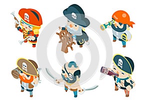 Isometric pirate ship crew corsair buccaneer filibuster sea dog sailors fantasy RPG treasure game characters flat design