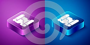 Isometric Pirate treasure map icon isolated on blue and purple background. Square button. Vector