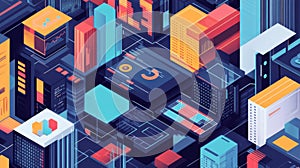 Isometric Pixel Art Cityscape with Colorful Buildings and Data Screens