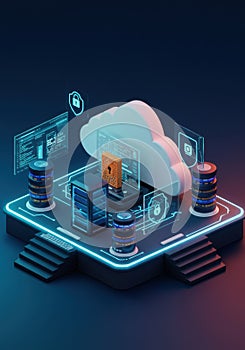 Isometric Pixel Art Cloud Computing Network