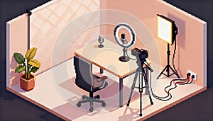 Isometric Pixel Art Creator Studio with Camera, Ring Light, Desk and Lighting Setup