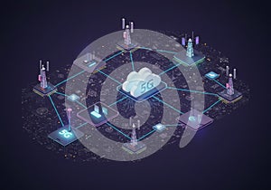 Isometric Pixel Art 5G Network with Cloud Computing