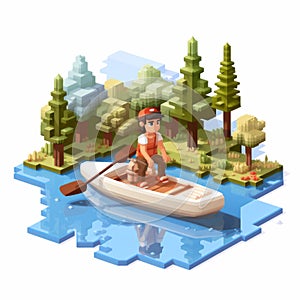 Isometric Pixelart Character Canoeing On A River With Realistic Details