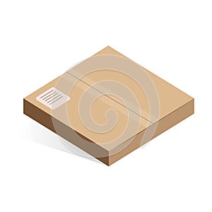 Isometric pizza cardboard box, brown closed food package for delivery