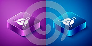 Isometric Plane propeller icon isolated on blue and purple background. Vintage aircraft propeller. Square button. Vector