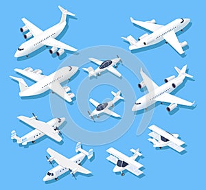 Isometric planes. Private jet airplanes, aircraft and airliner. 3d aerial vector set
