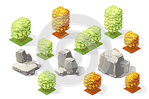 Isometric plants forest collection set. Fall trees and stones.
