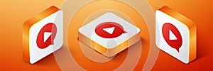 Isometric Play in circle icon isolated on orange background. Orange square button. Vector