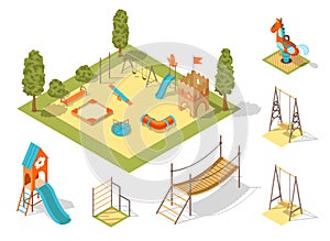 Isometric playground concept for outdoor family pastime. Playful kindergarten. Colored 3d isometric kids playground with