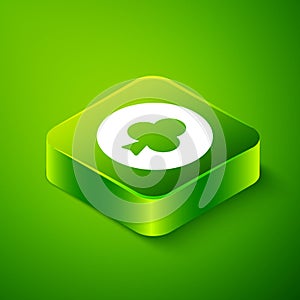 Isometric Playing card with clubs symbol icon isolated on green background. Casino gambling. Green square button. Vector