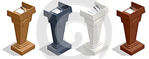 Isometric podium tribune rostrum stands with microphones on a white background. Podium Tribune Rostrum