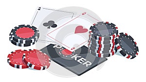 Isometric poker cards and casino chips. Online casino playing cards and poker chips, 3d gambling elements flat vector illustration