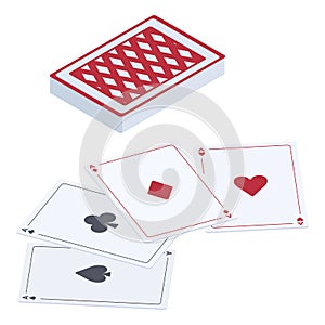 Isometric poker game playing cards. Gambling casino black and red suits, clubs, spaces, hearts and diamonds. Blackjack and poker