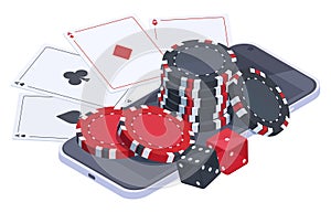 Isometric poker mobile app. Online gambling casino with cards, dice and chips, internet poker game vector illustration isolated on