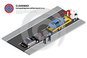 Isometric police fines car design flat . 3D car on Tow truck, police officer traffic, policeman person fines