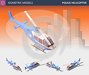 Isometric Police Helicopter Set. Police Transport Isolated on White Background.