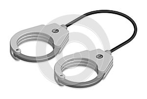 Isometric police metal handcuffs to neutralize criminals. Outfit and equipment of police. Realistic 3D vector isolated on white
