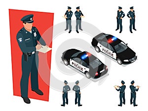 Isometric police-officer in uniform and police car. Vector illustration on white background. Police officer