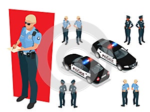 Isometric police-officer in uniform and police car. Vector illustration on white background. Police officer