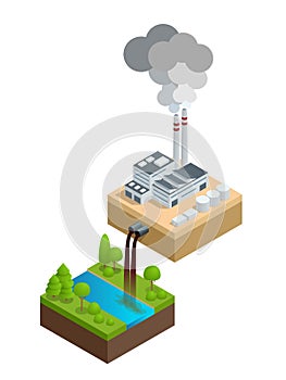 Isometric Pollution of the environment concept. The plant pours dirty water into the river, the pipes smoke and pollute