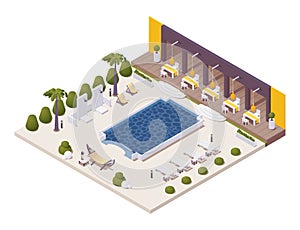 Isometric pool near the restaurant at beach resort with sunbeds, outdoor shower, palm trees
