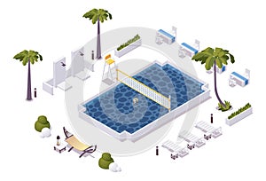 Isometric pool with water volleyball net in a hotel, aquapark, villa. Scene good for outdoor design