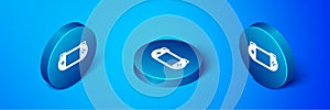Isometric Portable video game console icon isolated on blue background. Gamepad sign. Gaming concept. Blue circle button