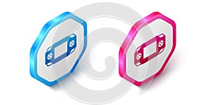 Isometric Portable video game console icon isolated on white background. Handheld console gaming. Hexagon button. Vector