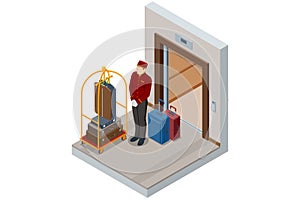 Isometric Porter with Baggage, Bellhop in Uniform and A hotel Luggage Cart loaded with Suitcases and Bags Enjoy the