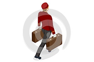 Isometric Porter with Baggage, Bellhop in Uniform and A hotel Luggage Cart loaded with Suitcases and Bags Enjoy the