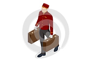 Isometric Porter with Baggage, Bellhop in Uniform and A hotel Luggage Cart loaded with Suitcases and Bags Enjoy the