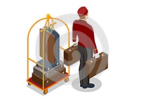 Isometric Porter with Baggage, Bellhop in Uniform and A hotel Luggage Cart loaded with Suitcases and Bags Enjoy the