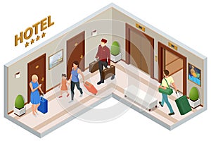 Isometric Porter with Baggage, Bellhop in Uniform. A porter carries suitcases of hotel guests to their room. Enjoy the