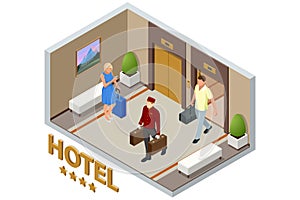 Isometric Porter with Baggage, Bellhop in Uniform. A porter carries suitcases of hotel guests to their room. Enjoy the