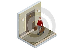 Isometric Porter with Baggage, Bellhop in Uniform. A porter carries suitcases of hotel guests to their room. Enjoy the