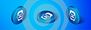 Isometric Portrait of Joseph Stalin icon isolated on blue background. Blue circle button. Vector