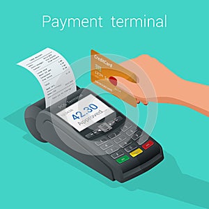 Isometric Pos terminal confirms the payment by debit credit card